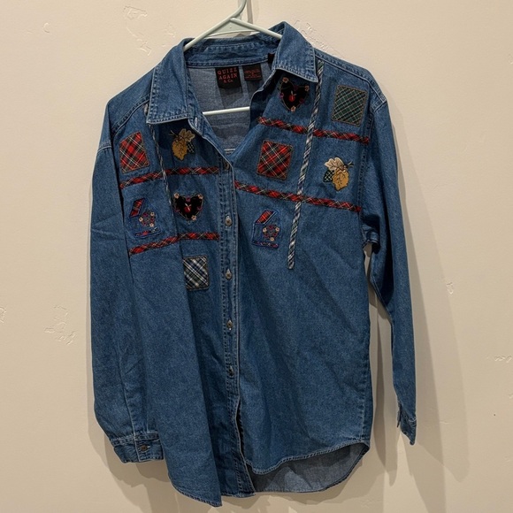 Quizz Again Tops - Embroidered Denim Shirt with Patchwork
